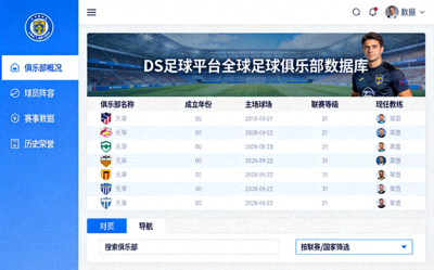 DS足球平台全球足球俱乐部详细资料数据库界面示意图